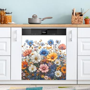 Imagem de ATTX Capa magnética de aquarela flores de jardim para lava-louças, 58,4 cm C x 66 cm A decoração da capa da máquina de lavar louça, decalques de armário doméstico eletrodomésticos adesivos #191