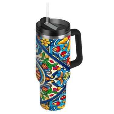 Imagem de Blueangle Copo de cerâmica mexicano de 850 g com alça e tampa de palha, caneca de viagem de aço inoxidável isolada a vácuo de parede dupla, garrafa de água reutilizável para academia de escritório ao