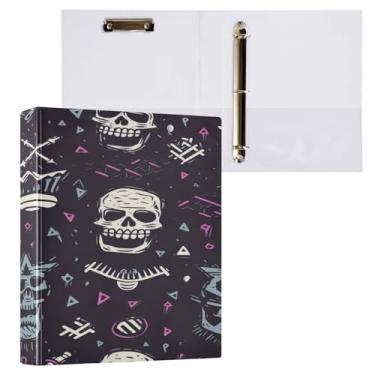 Imagem de Blueangle Fichário de 3 anéis com estampa de caveira colorida com prancheta e 2 bolsos - Organizador de documentos decorativos de 3 cm para escritório, suprimentos para reuniões (134)