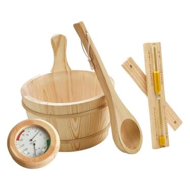 Imagem de WeiLaiKeQi Conjunto de 4 acessórios para sauna: ampulheta portátil e, concha, termômetro de e ao desgaste, balde de madeira