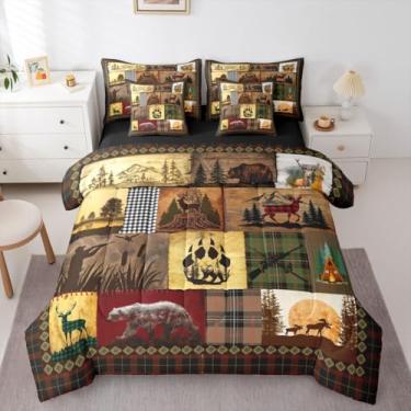 Imagem de Erosebridal Conjunto de cama queen rústico xadrez, urso, veado, alce, campo, casa de fazenda, oeste, para meninos, homens, caça e pesca, conjunto de cama queen