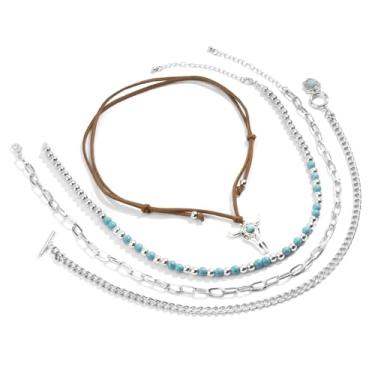 Imagem de Colares ocidentais para mulheres, colar com pingente em camadas boêmio, gargantilha com contas turquesa, colar com pingente de flor e cabeça de boi, corrente de elos de clipe de papel de corda de