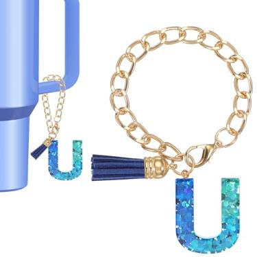 Imagem de Berloque de letras para copo Stanley Tumbler, lindos acessórios de pingente de letra U para chaveiro Stanley Tumbler Handle chaveiro personalizado para mulheres, azul