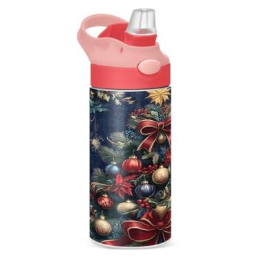Imagem de YETTASBIN Garrafa de água de árvore de Natal para crianças, 340 g, à prova de vazamento, parede dupla, isolada, copo de viagem com tampa de canudo para meninas, meninos e crianças