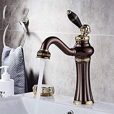 Imagem de LMJYU Torneira de banheiro torneira de bronze manchado a óleo cor ouro banho cerâmica bacia torneira torneira torneira de água quente e fria pia guindaste moderno