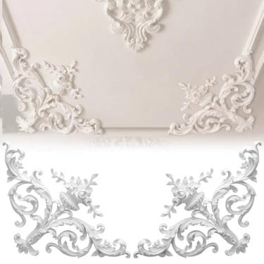 Imagem de Colingmill 2 peças kit de moldagem de teto cantos murais acabamento estilo francês decoração de parede para interior medalhão teto com padrão de flores painéis decorativos para parede (34 x 34 cm
