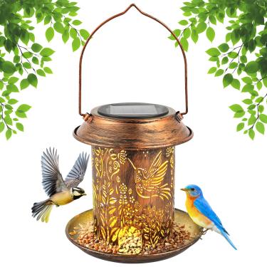 Imagem de YLMFTNU Alimentador de pássaros com lanterna solar, alimentador de pássaros selvagens de metal, lanterna de jardim solar à prova d'água para beija-flor, luzes de jardim, decoração para quintal pátio