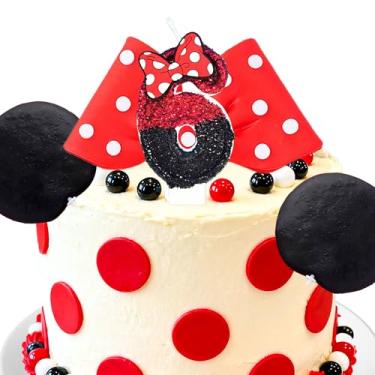 Imagem de LaVenty Vela de aniversário de 6 anos para bolo vermelho com velas de laço, decorações de aniversário vermelhas, serve para decorações de aniversário da Minnie Mouse, decorações de festa da Minnie