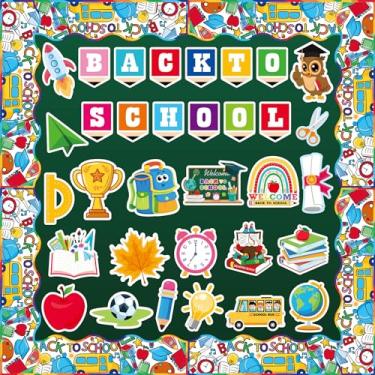 Imagem de RAORAOYUE Conjunto de 53 peças de decoração de quadro de avisos de volta às aulas, recortes de sala de aula DIY com pontos de cola para decoração de porta de parede pré-escolar para sala de aula