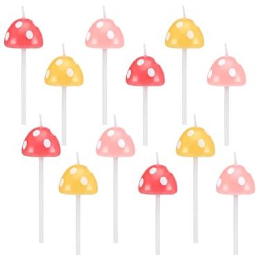 Imagem de Lounsweer 12 velas de aniversário de cogumelo 10 x 2,5 cm e decoração de festa de cogumelo florestal de 7,6 x 2,5 cm, enfeite de bolo para chá de bebê, lembrancinhas de festa de casamento (rosa