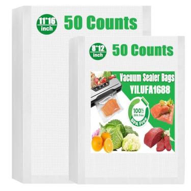 Imagem de 100 sacos seladores a vácuo para sacos de congelador para economia de alimentos 50 litros 20 x 30,5 litros, 29 x 40,6 cm, sacos de cozimento sous vide selados a vácuo, rolos pré-cortados