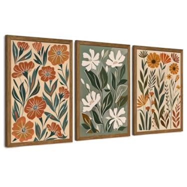 Imagem de InspiredHues Arte de parede em tela floral abstrata grande com 3 peças, decoração de parede de mercado de flores verde bege e minimalista, impressões de arte botânica coloridas para sala de estar