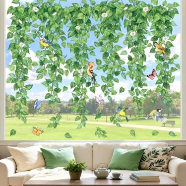 Imagem de decalmile Adesivos de janela dupla face de videira verde para pendurar na primavera, folhas, plantas, pássaros, anticolisão, portas de vidro, adesivos de janela