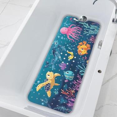 Imagem de ORIGINNT Tapete de banheira – Tapete de banho macio com ventosas, extra grande e lavável na máquina, orifícios de drenagem mantêm a banheira limpa, padrões coloridos (101,6 x 40,6 cm) (YGD10)