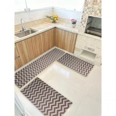 Imagem de Kit 3 Peças Jogo Cozinha Passadeira Emborrachada Não Derrapa Zigzag Cinza Marrom