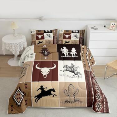 Imagem de Feelyou Conjunto de cama ocidental para meninos e meninas, asteca do sudoeste, tamanho casal, rústico, caubói, cavalo, edredom vintage, decoração de quarto, crânio de touro marrom com 2 fronhas