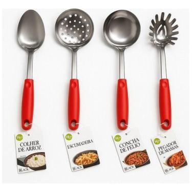 Imagem de Kit 4 Utensílios Aço Inox Colher Concha Escumadeira Pegador de Massas,