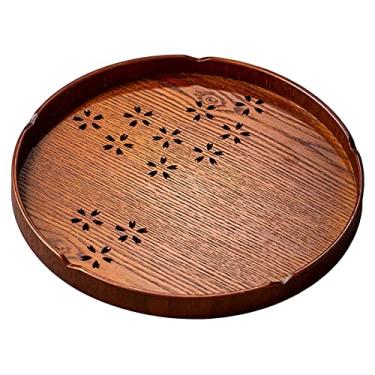 Imagem de Bandeja de chá redonda de madeira, padrão de flor de cerejeira, bandeja pequena para servir chá, estilo japonês, prato de servir chá para casa