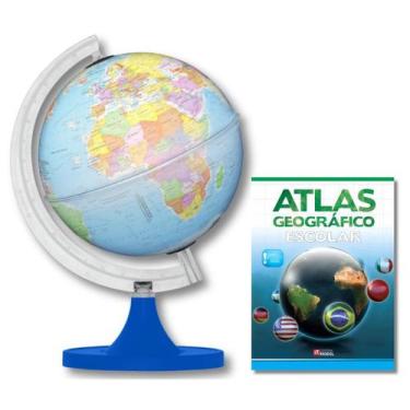Imagem de Globo Terrestre Político Luminoso Base Azul 21cm + Atlas Geográfico - 