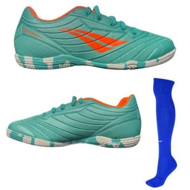 Imagem de Chuteira Futsal Penalty Matis Infantil Turquesa Laranja + Meião Matis,