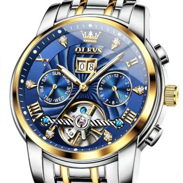 Imagem de OLEVS Relógios masculinos analógicos automáticos mecânicos masculinos luxuosos à prova d'água diamante relógio masculino casual de aço inoxidável turbilhão mostrador grande dia data relógio clássico