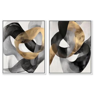 Imagem de Conjunto de 2 decoração de parede Boho com impressão em tela de luxo dourado glamoroso da Art Remedy, moldura branca, 50 x 61 cm