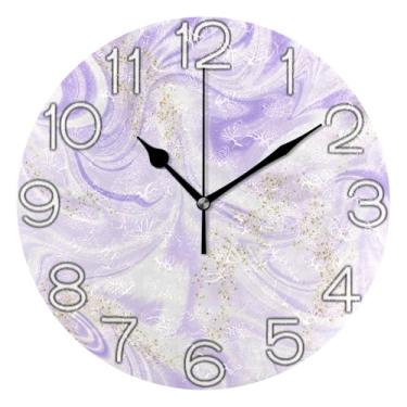 Imagem de Relógio de parede decorativo analógico relógio de cozinha rústico operado a pilha, decoração de parede retrô moderna art déco, elegante impressão roxa dourada, 25 cm, ponteiros pretos