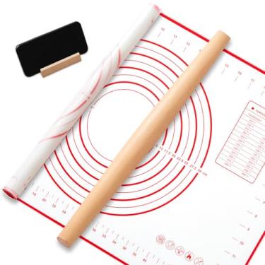 Imagem de FoldTier Conjunto de 43 cm de rolo francês de madeira de bordo para assar e pastelaria com tapete de amassar de silicone e suporte de base de madeira de bordo para pizza, torta, massa de biscoito e