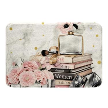 Imagem de Erosebridal Tapete de banho rosa moderno 40,6 cm x 61 cm perfume floral feminino tapetes de banheiro para meninas mulheres branco cinza dourado mármore salto alto revistas livros capacho