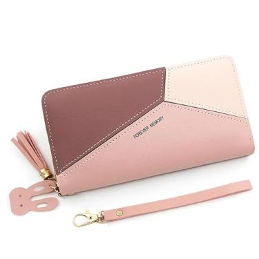 Imagem de Carteira feminina de couro genuíno com dobra dupla/tripla - Suporte minimalista para cartão de crédito com bloqueio de RFID e bolso para moedas, rosa, Casual