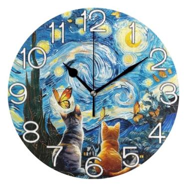 Imagem de Relógio de parede analógico decorativo de gato noturno estrelado brilhante colorido relógio de cozinha bonito operado por bateria silencioso, decoração de parede vintage, sala de estar, 25 cm