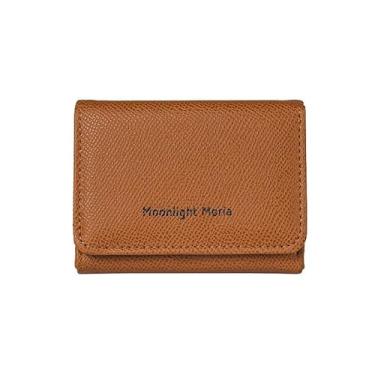 Imagem de Carteira feminina de couro genuíno com dobra dupla/tripla - Suporte minimalista para cartão de crédito com bloqueio de RFID e bolso para moedas, Marrom, Casual