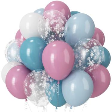 Imagem de Balões rosa e azuis 30,5 cm empoeirado rosa pálido ardósia pastel balões de festa de látex azul branco com balão de floco de neve transparente para chá de bebê, revelação de gênero, país das
