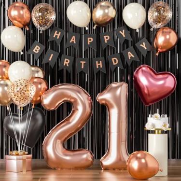 Imagem de Decorações de aniversário de 21 anos para meninas, balões de ouro rosa e preto, doce para 21 meninas, balão rosa choque feliz 21 bandeira ouro rosa número 21 balão para decoração de festa de 21 anos