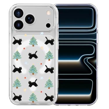 Imagem de MAYCARI Capa para iPhone 16 Pro Max, lindas árvores de Natal, gatinhos pretos, capa magnética transparente, compatível com MagSafe, capa protetora de celular transparente à prova de choque para