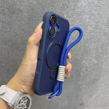 Imagem de Capa magnética com suporte de anel fosco para iPhone 16 Pro Max 15 14 13 12 11, alça de pulso com cordão, capa rígida à prova de choque, azul, para iPhone 16 Plus