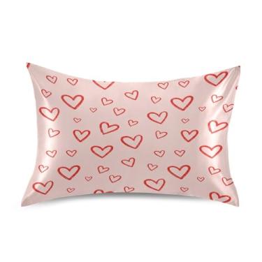 Imagem de Blueangle Fronha de cetim refrescante para cabelo e pele, capa de almofada de coração vermelho dos namorados, tamanho Queen 51 x 76 cm com fecho de envelope (839)