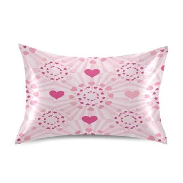 Imagem de Blueangle Fronha de cetim refrescante para cabelo e pele, capa de travesseiro de coração rosa Dia dos Namorados, tamanho padrão 50,8 x 66 cm com fecho de envelope (774)