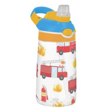 Imagem de Garrafa de água Tritan de 473 ml para crianças, reutilizável, garrafa de água de plástico de 473 ml com canudo portátil à prova de vazamento, alça de transporte, lindos caminhões de bombeiros