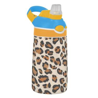 Imagem de Garrafa de água infantil bege com estampa de leopardo para escola, 473 ml, 473 ml, garrafa de água esportiva Tritan com canudo, copo infantil portátil à prova de vazamento, alça de transporte