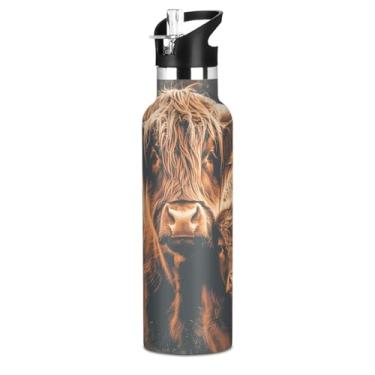 Imagem de Joisal Garrafa de água de aço inoxidável para adolescentes de 590 ml com tampa de palha, linda garrafa de água esportiva com isolamento marrom Highland Cows com alça, copos de viagem à prova de
