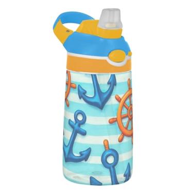 Imagem de Garrafa de água infantil Blue Anchors Stripes 473 ml Tritan à prova de vazamento com tampa de canudo copo infantil reutilizável de 473 ml, portátil, alça de transporte