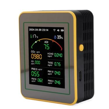Imagem de Cryfokt Detector de Qualidade do Ar, Temporizador Inteligente, Detecção Em Tempo Real, Hcho Tvoc Pm2.5 para Escritório Doméstico, Abs, Lcd Branco, para Quem Sofre de Alergias Internas (Preto Amarelo)