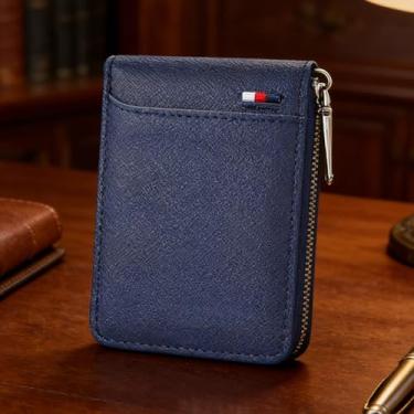 Imagem de Carteira masculina de couro curta com zíper, carteira casual azul elegante (azul)