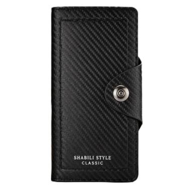 Imagem de Carteira masculina, fecho magnético de couro longo com parte superior aberta, padrão seguro de fibra de carbono, organizador de negócios ultrafino (preto)