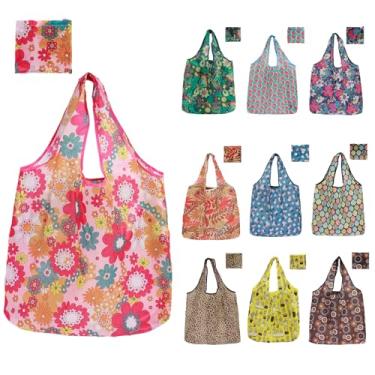 Imagem de Pacote com 10 sacolas de compras de grande capacidade reutilizáveis e dobráveis com design de alça à prova d'água, ecológicas para viagens ao ar livre, armazenamento de alimentos e mercearia, Cor
