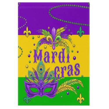 Imagem de Máscara de carnaval de carnaval bandeira de casa 71 x 101 cm dupla face externa flor de lis nova orleans carnaval quintal bandeira exterior bandeira para jardim gramado pátio decorações de férias