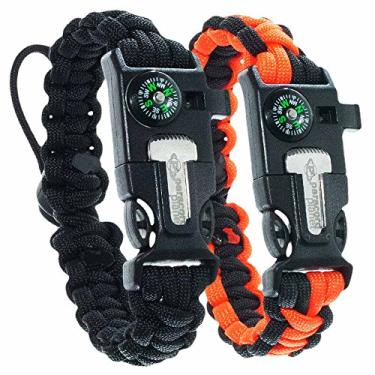 Imagem de Pulseira tática de paracord (pacote com 2) – Inclui: acionador de fogo, apito alto, emergência e bússola – Tamanho adaptável – Kit de equipamento de sobrevivência, Nylon