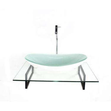 Imagem de Kit cuba de vidro oval branca com tampo 60cm incolor e suporte preto -