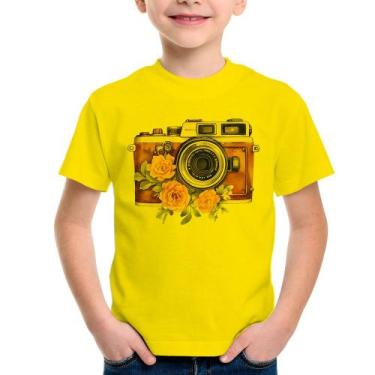 Imagem de Camiseta Infantil Máquina Fotográfica Vintage e Flores - Foca na Moda,